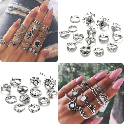 Vista 5 de FIBO STEEL Juego de 101 anillos vintage para nudillos para mujer, apilables, midi, Acero
