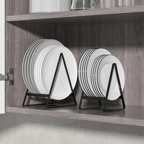 Vista 3 de Paquete de 2 soportes triangulares para platos grandes, verticales, estantes de secado de platos, organizadores de platos de metal, soportes