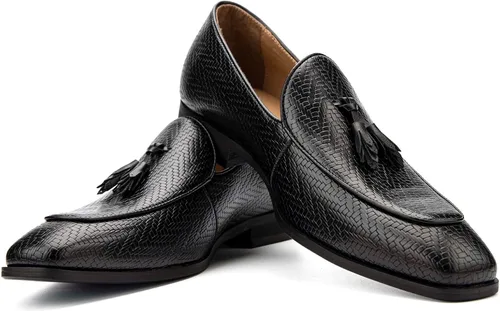 Vista 9 de JITAI Zapatos para hombre: mocasines casuales de cuero y gamuza para hombre, cómodos tacones bajos, zapatos de vestir sin cordones para bodas