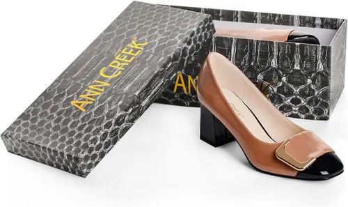 Vista 8 de ANN CREEK Zapatos de tacón bajo para mujer, zapatos de oficina de dos tonos, punta cuadrada, tacón grueso, de 2.4 pulgadas, Negro