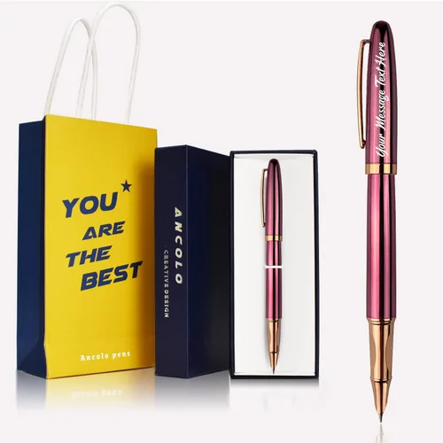 Vista 9 de Ancolo Pluma estilográfica personalizada con cuerpo de metal con caja para bolígrafos, 2 cartuchos de tinta negra personalizados con tu mensaje