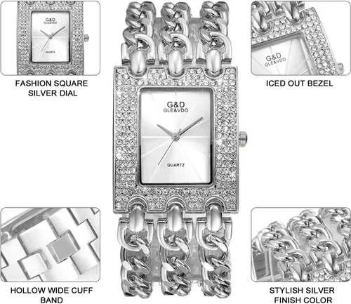 Vista 4 de Reloj de pulsera para mujer, cuadrado, redondo, plateado, con bisel de cristal, brazalete con bisel de cristal, estilo casual, a la moda