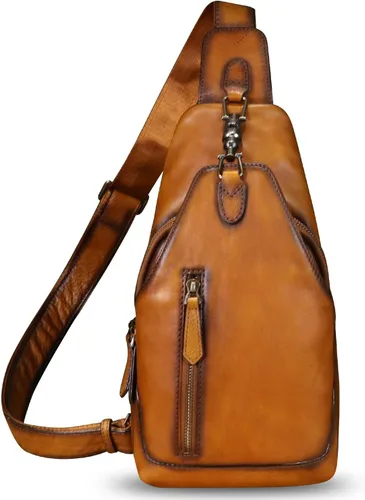 Vista 2 de LRTO Bolso bandolera de cuero genuino para hombres y mujeres, bolso cruzado de hombro de cuero real, bolsa de pecho, mochila