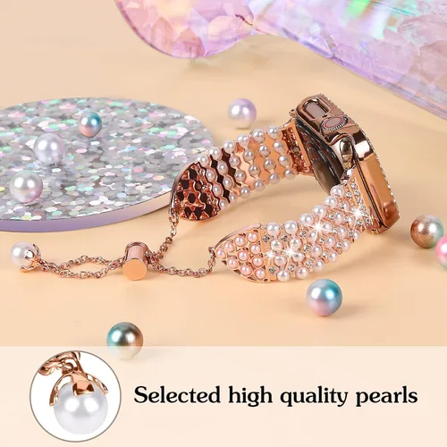 Vista 2 de Joyozy Pulsera de perlas brillantes de 1.772 pulgadas y funda compatible con Apple Watch series 9, 8, 7, para mujer, con diamantes brillantes