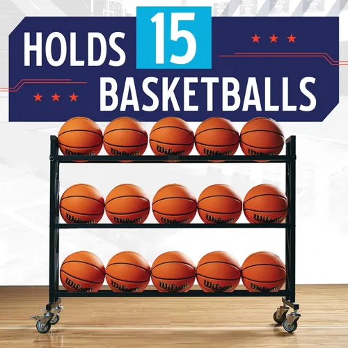Vista 2 de Murray Sporting Goods Estante de baloncesto premium Carrito de bolas resistente de 3 niveles y 15 bolas con ruedas Pin de caída para preferencia