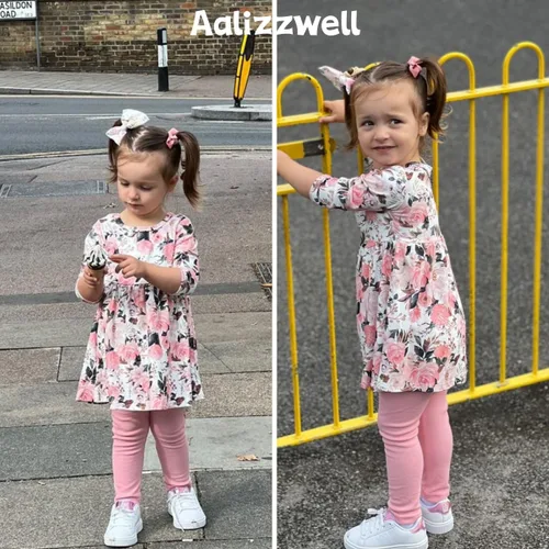 Vista 3 de Aalizzwell Conjunto de túnica floral para niñas pequeñas para otoño e invierno Rosa claro