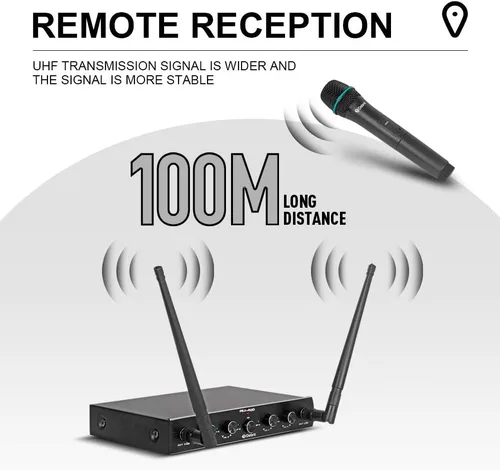 Vista 2 de Debra Audio Pro UHF Sistema de micrófono inalámbrico de 4 canales con micrófonos de mano, lavalier y diadema inalámbricos, receptor de metal, ideal