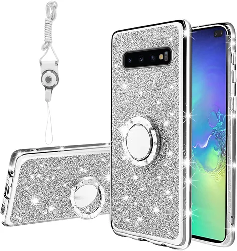 Vista 12 de Funda para S10 Plus, Galaxy S10 Plus para mujer, con purpurina, cristal suave, transparente, TPU de lujo, bonita funda protectora con correa de pie