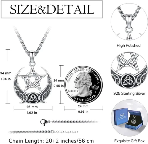 Vista 79 de Collar de pentagrama de plata de ley con triple luna, diosa celta, nudo celta, nudo de brujas, Ankh, sol y luna, Hécate, lilith, Santa Muerte