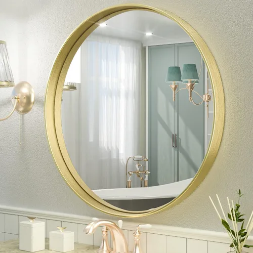 Vista 51 de Espejo de marco dorado cepillado de 16 x 24 pulgadas, espejo de tocador de baño de latón dorado para pared, espejo enmarcado rectangular de esquina