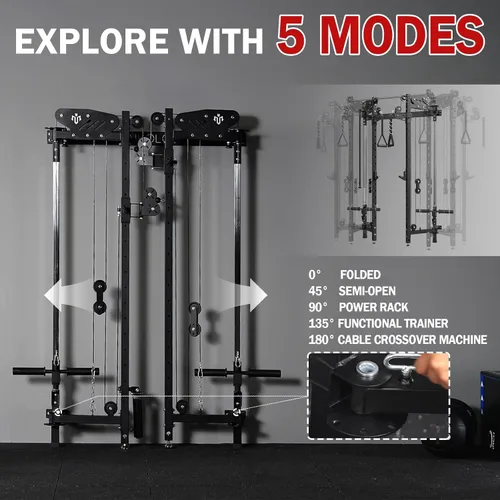 Vista 5 de Mikolo Folding Squat Rack, Wall Mounted Power Rack with Cable Crossover Machine & LAT Pull Down, Functional Trainer with 5 Adjustable Function