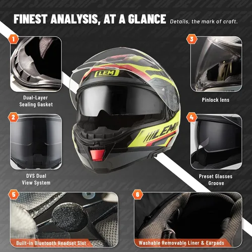 Vista 3 de LEM Cascos de motocicleta de cara completa, cascos para hombres, con certificado DOT, PINLOCK y DVS de doble visión, casco de motocicleta de calle