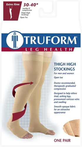 Vista 5 de Truform - Medias de compresión 30-40 mmHg para hombres y mujeres, longitud hasta el muslo, parte superior con lunares, punta abierta, color beige