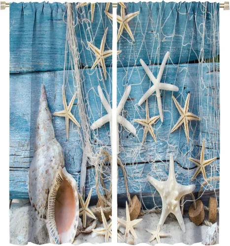 Vista 27 de JESTRONRY Cortina de playa azul y blanca con diseño de estrella de mar y conchas marinas con aislamiento térmico, para oscurecer la habitación, 2