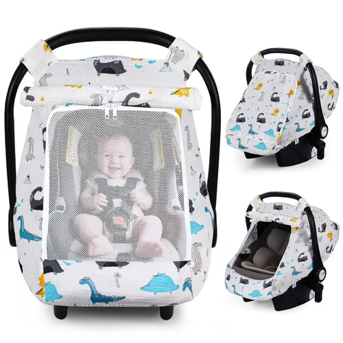Vista 10 de Rquite Funda de asiento de automóvil para bebé, niña, niño, 100% muselina de algodón, toldo transpirable a prueba de viento con ventana de malla