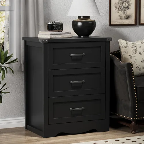 Vista 3 de Mesita de noche con 3 cajones, mesa auxiliar de 61 cm de ancho estilo granja, mesa de noche de madera rústica con asa metálica, cómoda moderna