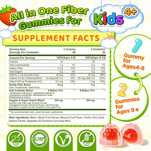 Vista 4 de duwhot Gomitas de fibra para niños 0.18 oz con probióticos, 60 masticables
