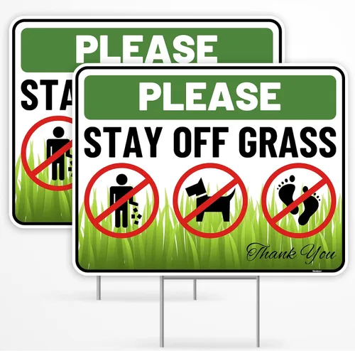 Vista 7 de 2 carteles con estaca, 12 x 9 pulgadas, plástico corrugado, con texto en inglés "Keep Off Dont Walk on Grass - No Dog Pooping Peeing Curb Your Dog