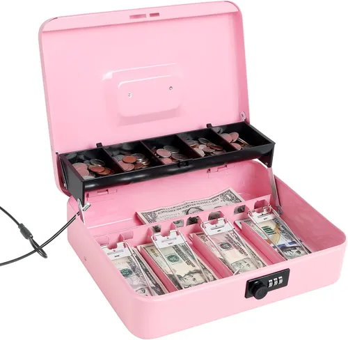 Vista 11 de Jssmst - Caja grande de seguridad para dinero con bandeja; caja de dinero de metal con cerradura de combinación y cable de seguridad, color negro