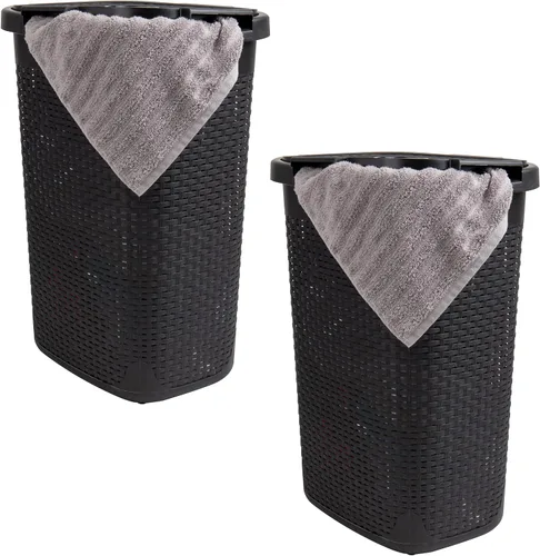 Vista 23 de Mind Reader Cesta de lavandería delgada con tapa, cesta de ropa de 60 L, diseño de mimbre premium, plástico, azul bebé
