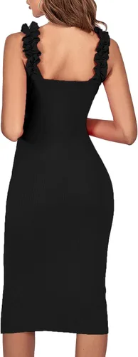 Vista 2 de Rooscier Vestido midi de cóctel sin mangas con tirantes y volantes para mujer