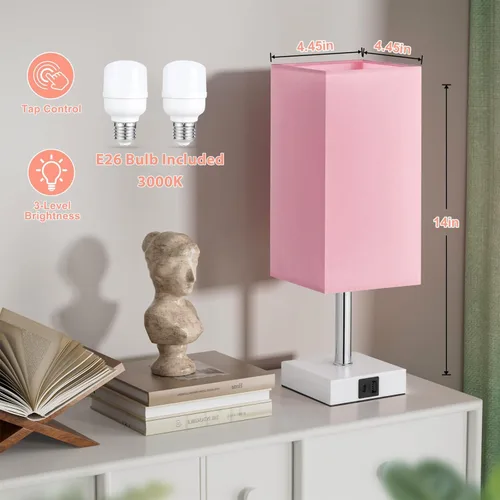 Vista 3 de Juego de 2 lámparas de mesa táctiles para dormitorio, regulables, USB C+A Rosa y blanco (2 piezas)