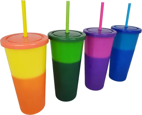 Vista 6 de Juego de 4 vasos de plástico reutilizables de 24 onzas con tapas de rosca y popotes