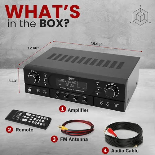 Vista 7 de Pyle Amplificador receptor de cine en casa Bluetooth – Amplificador de potencia máxima de 180 W con agudos, graves, control de eco, MP3/USB/FM
