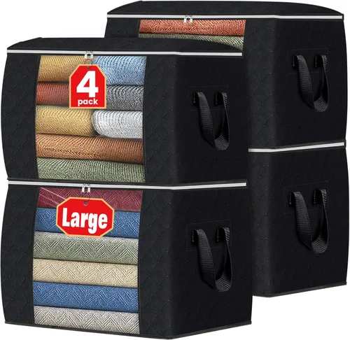 Vista 38 de Fab totes Paquete de 3 bolsas de almacenamiento plegables de tela gruesa, contenedores para organizar dormitorio, armario, ropa, edredón, Beige