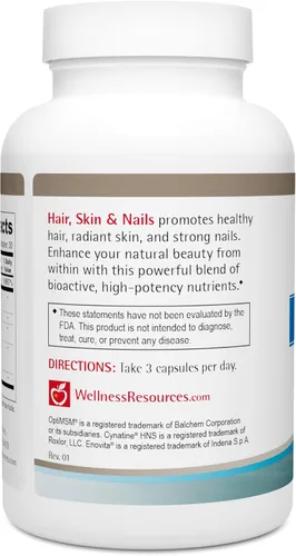 Vista 2 de Wellness Resources Cabello, piel y uñas con biotina, queratina HNS de cinatina, OptiMSM, extracto de semilla de bambú y uva, suplemento para uñas