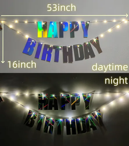 Vista 5 de Cartel de cumpleaños LED impermeable de 13 pies, letras iridiscentes premontadas con 2 cuerdas para colgar, funciona con pilas, no necesita