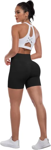 Vista 5 de ATHVOTAR Pantalones cortos de gimnasio para entrenamiento para mujeres, cintura alta sin costuras que levantan y fruncen los glúteos, pantalones