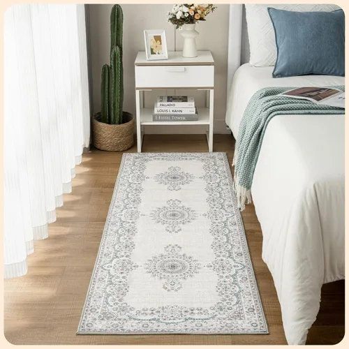 Vista 95 de Istana Alfombra larga antideslizante de 2.5 x 8 para el hogar, para pasillo y cocina, lavable, sedosa y suave al tacto, elegante, color azul y marfil