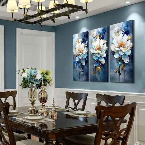 Vista 8 de AJAZIKO Arte de pared abstracto de flores, arte de pared floral, pinturas modernas para decoraciones de pared, decoración de pared familiar azul