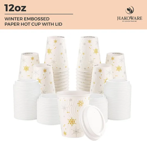 Vista 2 de Harvest Pack - Juego de 100 tazas de café desechables de Navidad de 12 onzas con tapas, tazas de papel caliente aisladas con copos de nieve blancos