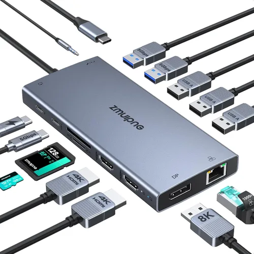 Vista 14 de Hub USB C Estación de acoplamiento USB C Monitor dual 4K@60Hz+DP 8K@30Hz para Dell HP, Estación de acoplamiento para portátil 3 monitores 15 en 1
