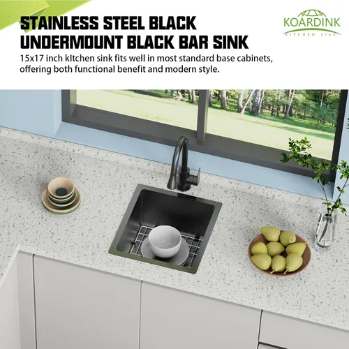 Vista 2 de Fregadero de cocina y bar negro de 15 x 17 pulgadas, fregadero de acero inoxidable con rejilla SS, alfombrilla de silicona, colador, colador