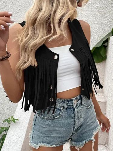 Vista 4 de Verdusa Chaleco de ante con borlas para mujer, sin mangas, con flecos, chaqueta corta hippie