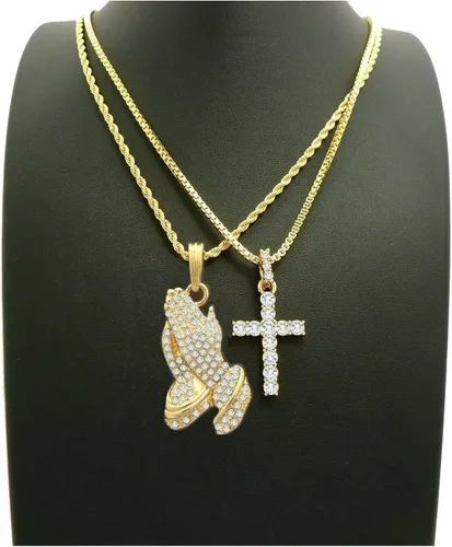 Vista 2 de Mens Iced Out Oro rezando mano Micro Cruz Colgante Caja cuerda cadena collar conjunto de 2