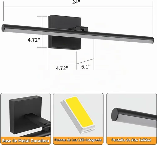 Vista 2 de Lámpara LED para tocador de baño, moderna lámpara de baño sobre el espejo (blanco frío 6000 K), barra de luz de tocador con ángulo ajustable, 24