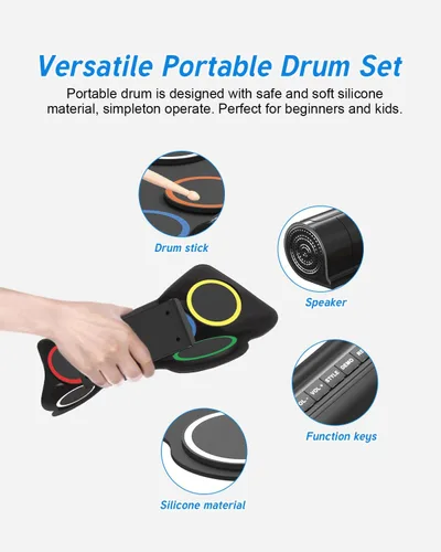 Vista 6 de Juego de batería electrónica de 7 almohadillas, almohadilla de práctica de batería enrollable, kit de batería midi con conector para auriculares