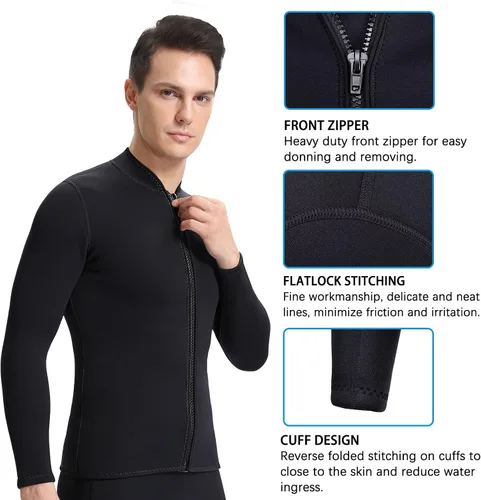 Vista 6 de Wetsuits Top Jacket Women Men 2mm Neoprene Long Sleeve Shirt Front Zipper Vest Wet Suit Keep Warm for Adult Youth Diving Surfing Swimming Water
