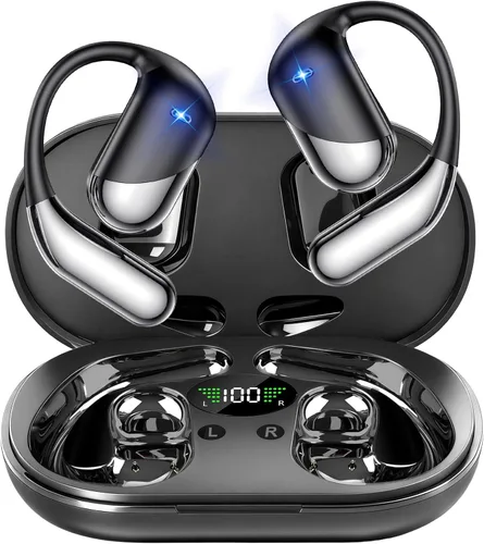 Vista 10 de Auriculares abiertos, clip para colocar sobre las orejas, auriculares inalámbricos, conducción ósea, micrófono integrado, pantalla LED Bluetooth