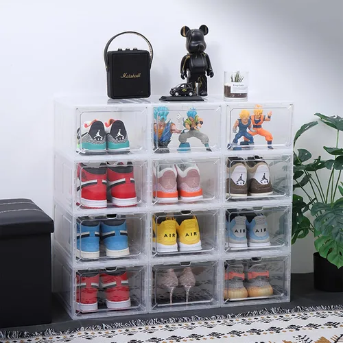 Vista 3 de Organizador grande de zapatos apilable con puerta magnética para almacenamiento de DVD/CD, 4 piezas, cajas de zapatos transparentes para armario
