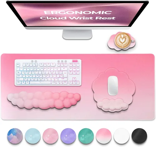 Vista 10 de Juego de Reposamuñecas para Teclado y Mouse de Calidad Premium en Forma de Nube – Accesorios de Escritorio Ergonómicos de Espuma Viscoelástica