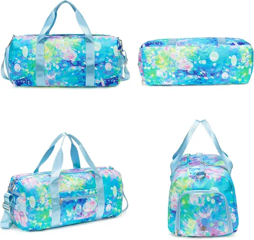 Vista 8 de BLUBOON Bolsa de lona para niñas y niños, bonita bolsa de gimnasio con compartimento para zapatos y separación húmeda, impermeable, bolsa de viaje