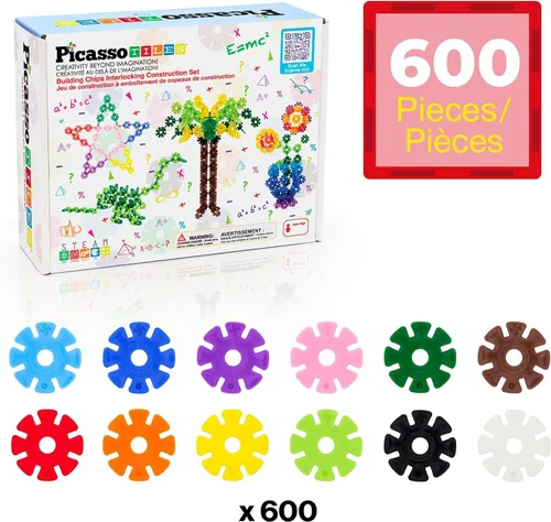 Vista 3 de PicassoTiles Juego de 600 fichas de construcción entrelazadas con bloques de disco creativos, juguetes de aprendizaje STEM para educación temprana