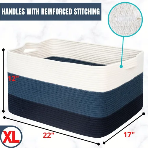Vista 7 de MINTWOOD Design Canasta de Manta Extra Grande de 22 Pulgadas para Sala de Estar, Canasta de Almacenamiento de Cuerda Tejida Rectangular con Asas
