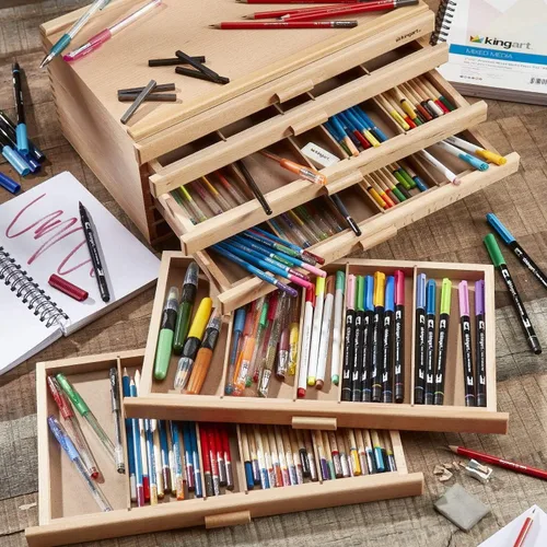 Vista 2 de KINGART Caja de almacenamiento de madera con 6 cajones para artistas, 15-3/4 pulgadas de ancho x 10 pulgadas de profundidad x 6-1/2 pulgadas