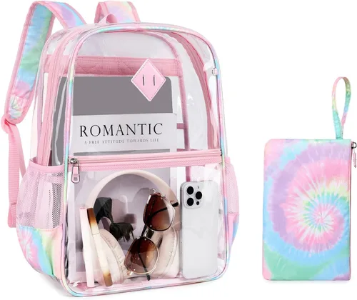 Vista 14 de MUSEVOS Mochila transparente, resistente bolsa de libros transparente para trabajo, seguridad, conciertos, universidad, PVC transparente aprobado